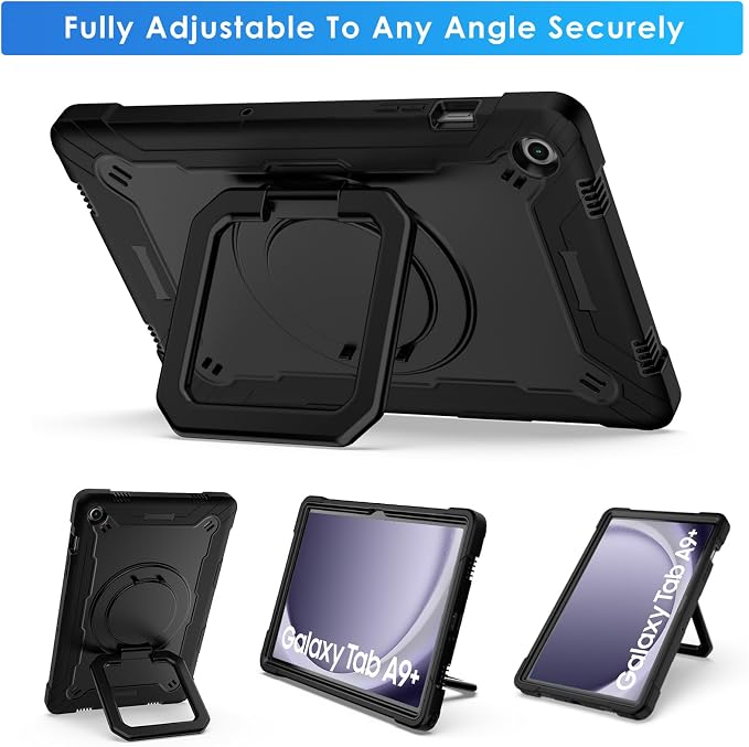 DETUOSI Galaxy Tab A9 Plus Case - Shockproof with 360 Stand &amp Strap Heavy Duty for SM-X210/X216/X218 Black