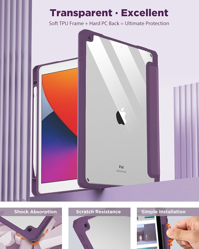TiMOVO Case for iPad 9th/8th/7th Generation 10.2 inch Black | Pencil Holder Slim Trifold Stand Protective Cover Clear Transparent Back Shell Auto Wake/Sleep