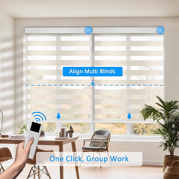 COOLWINDS Motorized Zebra Blinds for Windows Cordless Electric Curtains with Remote Control Blackout Shades Custom Smart Blinds Compatible with Alexa Google Home(Light Filtering Beige,W22 X 72in)