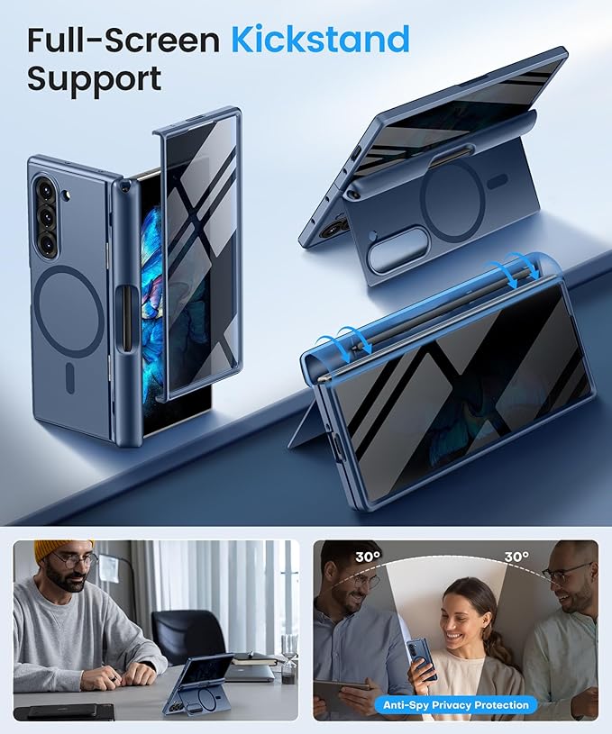 BERFY Magnetic for Samsung Galaxy Z Fold 6 Case with Privacy Screen Protector, [Compatible with MagSafe][Anti Spy]Built-in S Pen Holder & Kickstand, Full-Body Shockproof Phone Case for Z Fold 6, Blue