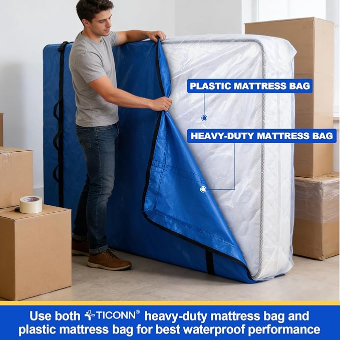 TICONN 2PK Plastic Mattress Bag for Moving Storage, Waterproof Mattress Protector Cover, Heavy-Duty Mattress Moving Supplies (1.5 mil, Twin)