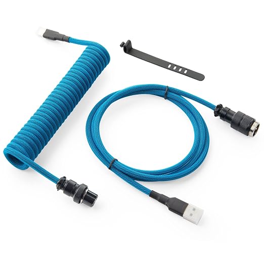 GUNMJO Pro Custom Coiled USB C Cable for Gaming Keyboard Double-Sleeved Mechanical Keyboard Cable with Detachable Metal Aviator 1.5M USB-C to USB-A Blue Color