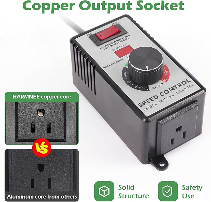 AC Motor Speed Controller 110-120V / 15A Max / 10A Rated Variable Fan Speed Controller AC Electronic Voltage Regulator with Overload Protection Switch & Voltage LED Display Screen
