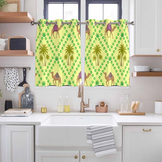 2 Panel Kitchen Cafe Curtains, Desert Sand Camels Sunlight Filtering Nature Air