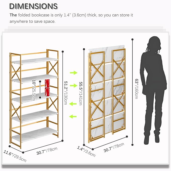 4NM Extra Wide 5 Tiers No Assembly Book Shelves, 51.2" H Folding Bookshelf Bookcase Open Industrial Foldable Shelves for Bedroom, Living Room, Home Office - White Gold