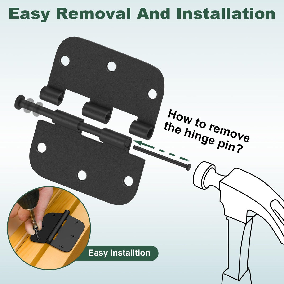Estmoon 42 Pack Matte Black Door Hinges 3.5 x 3.5 Inch, 5/8" Radius Rounded Interior Hinges for Standard Doors, 6 Holes