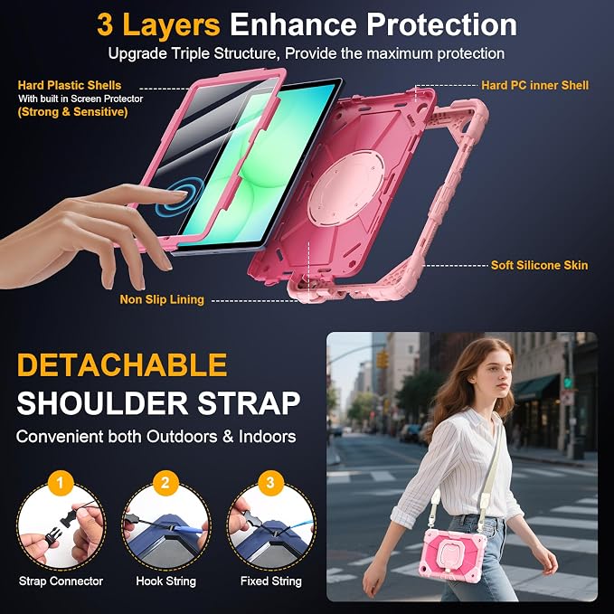 Case for Samsung Galaxy Tab A9 Plus 11 Inch 2023 Ubearkk Rugged Case for Samsung Galaxy A9+ Tablet SM-X210/X216/X218 with Screen Protector 360 Rotating Stand Shoulder Strap Pen Holder Black