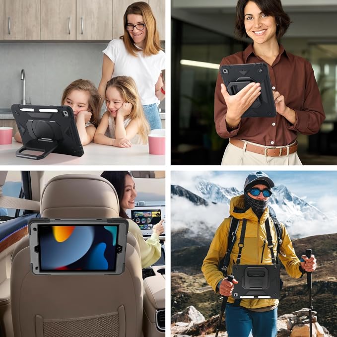 Case for iPad 9th Generation (2021) /iPad 8th Gen (2020)/iPad 7th Gen (2019) Military Grade Shockproof iPad Case Built-in 360°Rotating Stand/Pen Slot/Shoulder Strap for iPad 10.2 (Black)