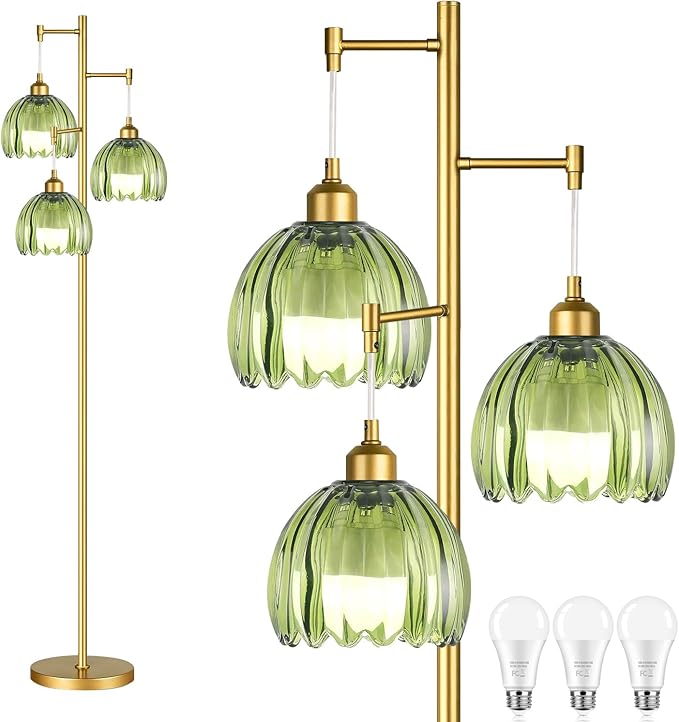 Gold Floor Lamps for Living Room Bedroom-3 Light Green Glass Floor Lamp with Three Led Bulb, Rustic Tall Floor Lamp Gold Standing Lamp Tree Floor Lamps for Living Room Bedroom,Office,Corner