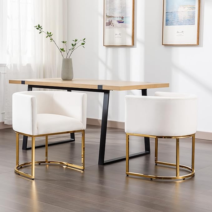 Velvet Dining Chairs Set of 3 Modern Barrel Arm Chairs with Golden Frame, Upholstered Kitchen Chairs 18.5" Wide Accent Chairs for Living Room Dining Room Restaurant, Beige