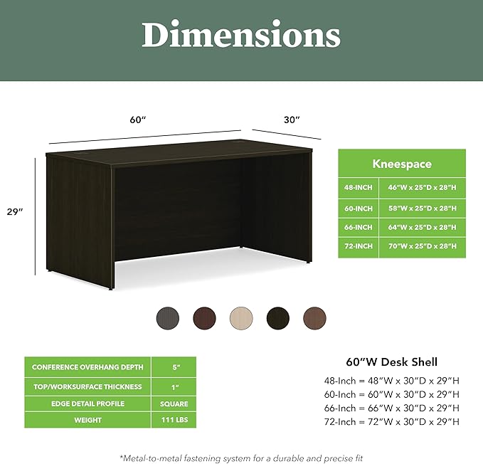 HON MOD Executive Desk 60-Inch Large Computer Desk Shell, Thick Wooden Laminate, Modern Table with Cord Management, 60" W x 30" D x 29" H, Java Oak