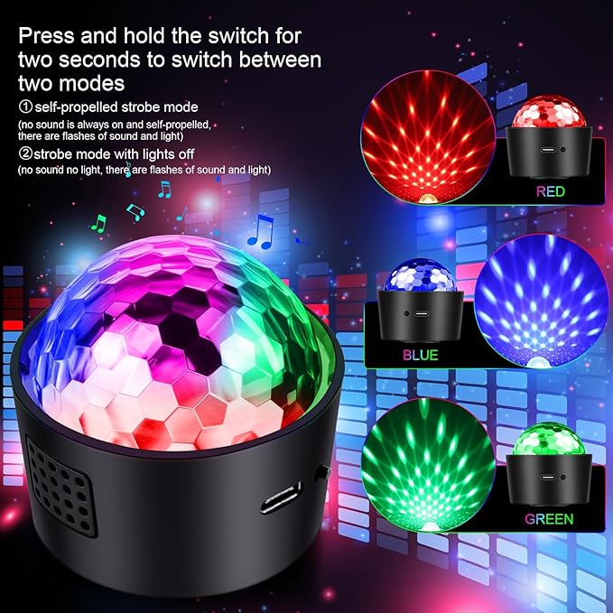Wiwreenm Mini Disco Ball Light,Rechargeable Party Lights,Sound Activated Strobe DJ Light,Portable Battery Operated,Night Lights Projector for Kids,Halloween,Disco Decoration for Car/Parties