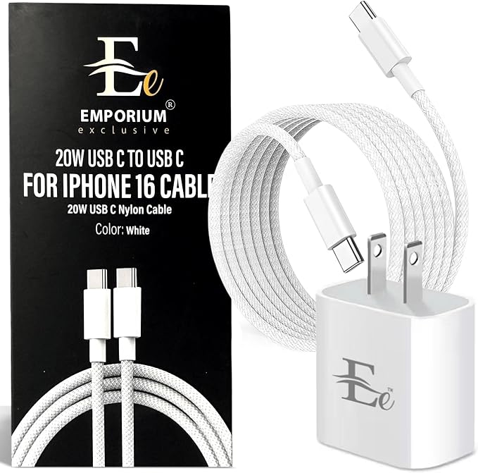 Emporium | 20W Power Charge USB C Cables and Wall Charger Kit | 3ft White USB C to C Charging Cable