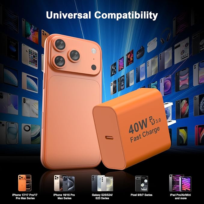 40W USB C Charger Block 2 Pack iPhone 17 16 15 Charger Block Brick Orange | 40 Watt USB C Wall Charger USBC Power Adapter Type C Brick Cube for iPhone 17/17 Pro/17 Pro Max/Air/16 15 14 13 12 11 Gal