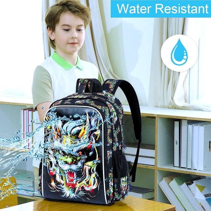 KLFVB 3PCS Boys Bookbag, 17" Kids Backpack and Lunch Box, Water Resistant Teenagers School Bag for Middle Elementary - Green Dragon