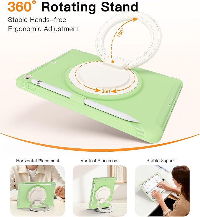 BATYUE Shockproof Case for iPad 9th 8th 7th Gen 10.2 Inch Black | 3in1 PC+TPU Heavy Duty 360° Rotatable Ring Stand for Grip Carry Hang &amp Multi-Angle View Screen Protector Pencil Holder
