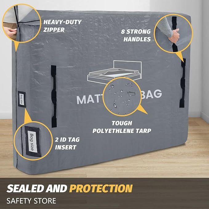 Mattress Bags for Moving and Storage, BETU Waterproof Mattress Protector King Mattress Cover with 8 Heavy Duty Handles and Zipper Extra Thick Moving Supplies for Bed (2 Pack:82x79x13.5 Grey)