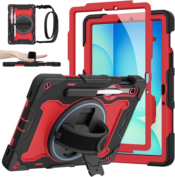 Galaxy Tab S10 Lite/S10 FE/S9 FE 5G/S9 Case 10.9/11 inch | with Screen Protector 360° Rotating Kickstand Hand/Shoulder Strap Heavy Duty Shockproof Cover S Pen Holder Kids Friendly