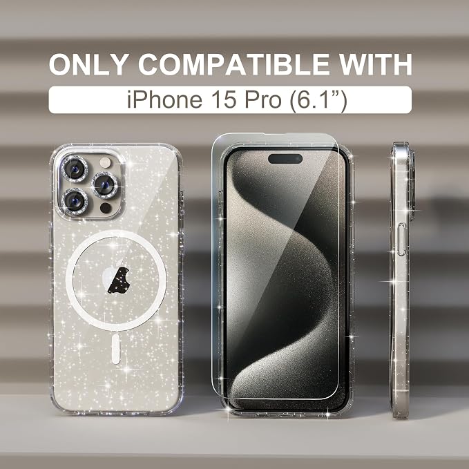 Choiche for iPhone 15 Pro Max Case Compatible with MagSafe Glitter Black | Women Girly Cute Glitter Sparkly Magnetic Phone Case with Diamond Camera Lens Protectors Military-Grade Drop Protection 6.7