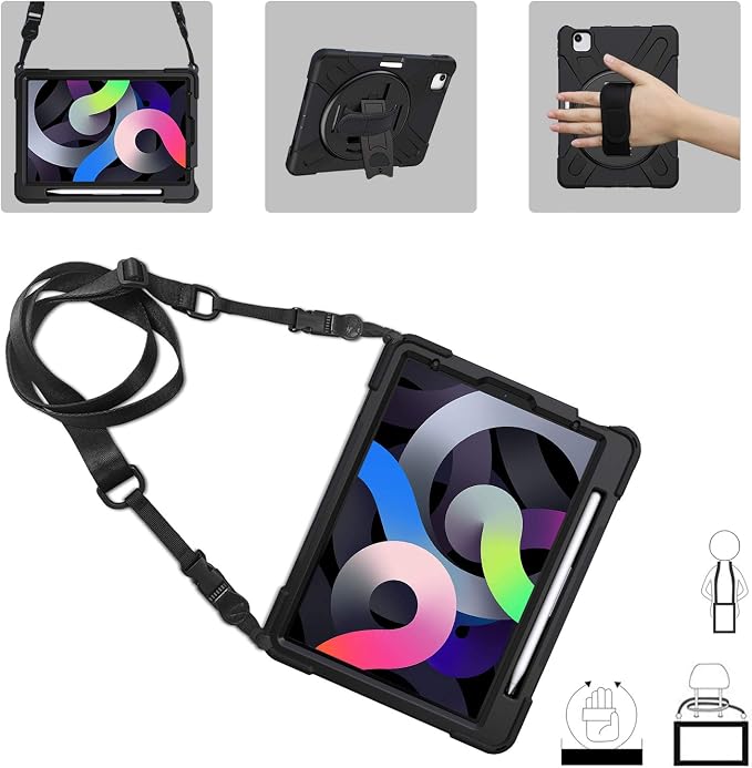 ProCase Rugged Case for iPad Air 11 inch (M2) 2024/ Air 5th / 4th Gen 10.9 Heavy Duty Shockproof Cover with Hand Strap 360 Degree Rotatable Kickstand -Black