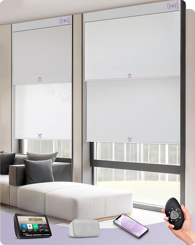 Graywind Motorized Dual Shades Smart Double Blinds Blackout and Light Filtering Blinds in One Set Remote Alexa Google Smart Control Roller Shades, Customized Size (Jacquard White)