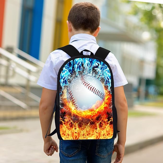 3PCS Baseball Backpack Set for Boys, Lightweight Large Backpack with Lunch Box & Pencil Case, Cool Sport Bookbag for Kids, Back to School Backpacks for Elementary & Middle School - 01