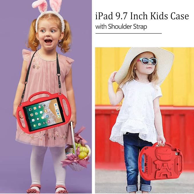 LTROP Kids Case for iPad 5th/6th Generation (2017/2018) &amp Air 2 Shoulder Strap Handle Stand Shockproof Bumper Cute Kid Case for iPad 9.7 Inch Black