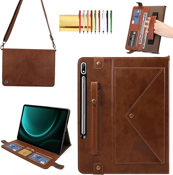 Handbag Case for Samsung Galaxy Tab S10 FE/S9 FE 10.9/S9/S8/S7 11 Techcircle Folio Stand Crossbody Wallet Protective Cover with S Pen Holder &amp Card Slots Hand Strap &amp Shoulder Strap Black