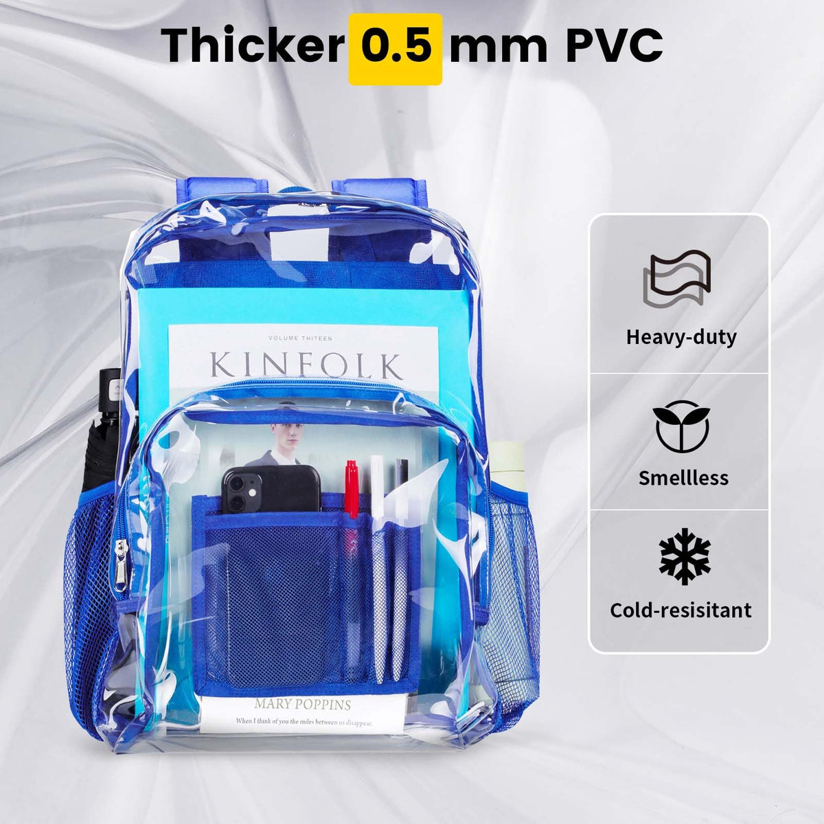 Vorspack Clear Backpack Heavy Duty PVC Transparent Backpack with Reinforced Strap Stitches & Large Capacity for College Workplace Security -Blue