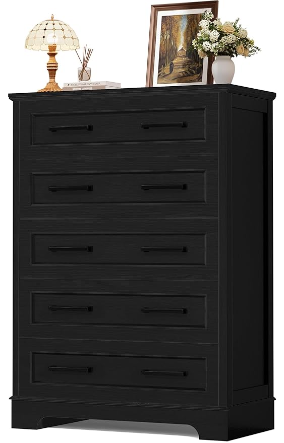 YESHOMY Tall Dresser for Bedroom,Farmhouse 5 Drawers Dresser, Chest of Drawer Chest, Multi-Tier Clothing Storage Cabinet, Black