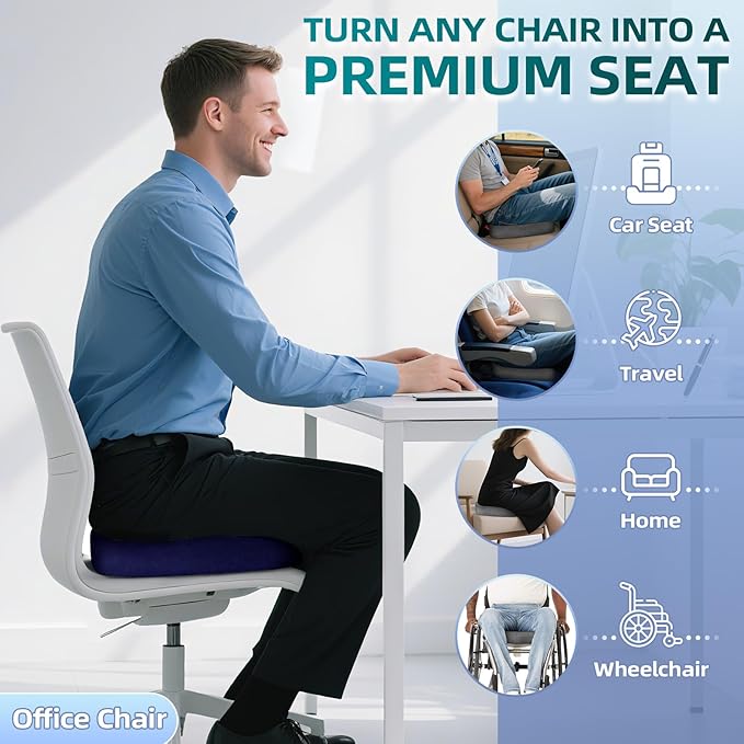 Seat Cushion for Office Chair Memory Foam Coccyx Pain Relief Cushion Pillow for Back Support Non-Slip Seat Pad for Office Desk (Blue)