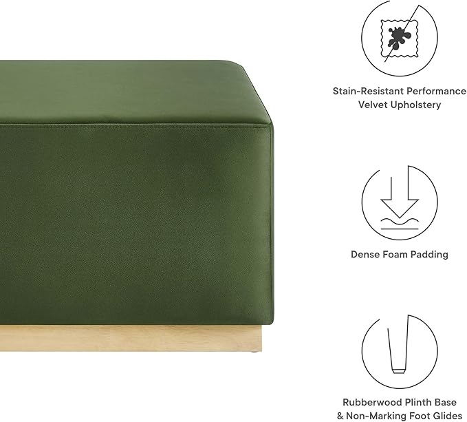 Modway Tilden 28 Inch Square Performance Velvet Upholstered Ottoman in Moss Green Natural - Large Ottoman Foot Rest with Rubberwood Plinth Base, Living Room Ottoman Coffee Table - Velvet Ottoman Table