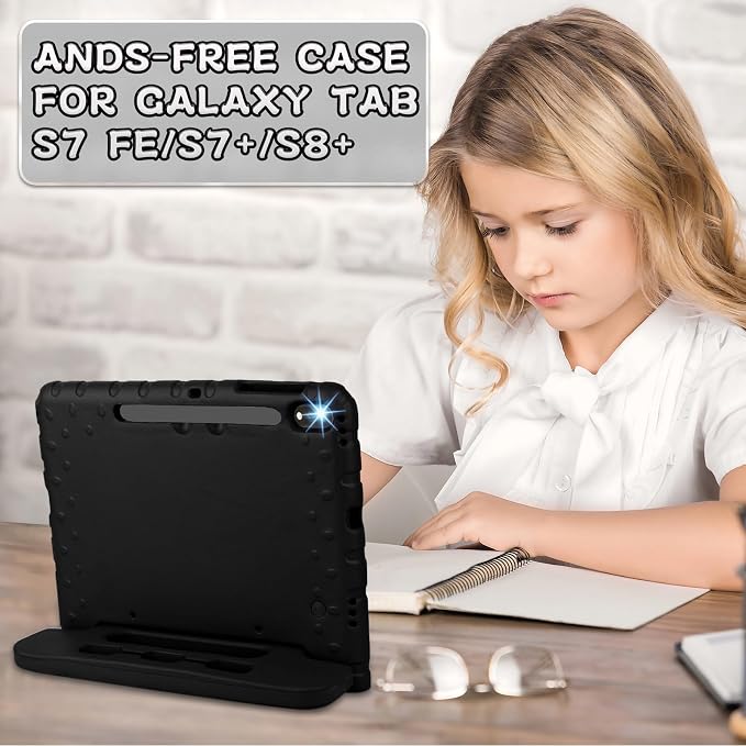 Heavy Duty Kids Case for Samsung Galaxy Tab S7 FE/S7 Plus/S8 Plus 12.4 inch | Rugged Protection Cover for Galaxy Tab S8+/Tab S7 FE/S7+ 2022/2021/2020 with S-Pen Holder Handle StandEVA Foam Rose Red