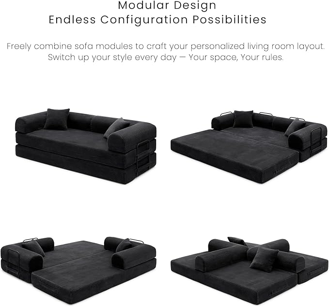 Compression Sofa - 79'' Convertible Sofa Bed, Boneless Couch in a Box, Modular Corduroy Foldable Sleeper Sofa with 2 Pillows, Loveseat Couches for Living Room (Corduroy Fabric, Black)