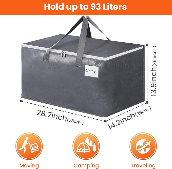BlissTotes Large Moving Boxes and with Zippers & Handles Moving Supplies with lids, Heavy Duty Totes for Storage Bags for Space Saving, Fold Flat, Moving and Storing 93L, 4 Pack