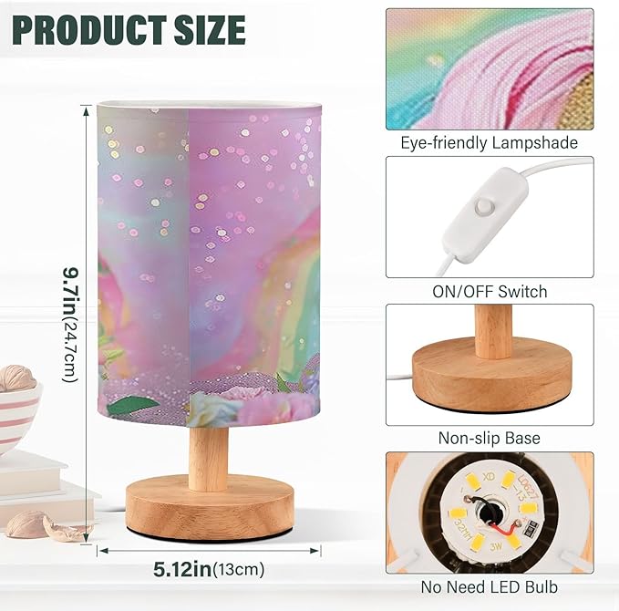 Bedside Lamp Pink Unicorn Cute Table Lamp with USB Port Wood Base for Living Room,Bedroom,Nightstand 214B5433