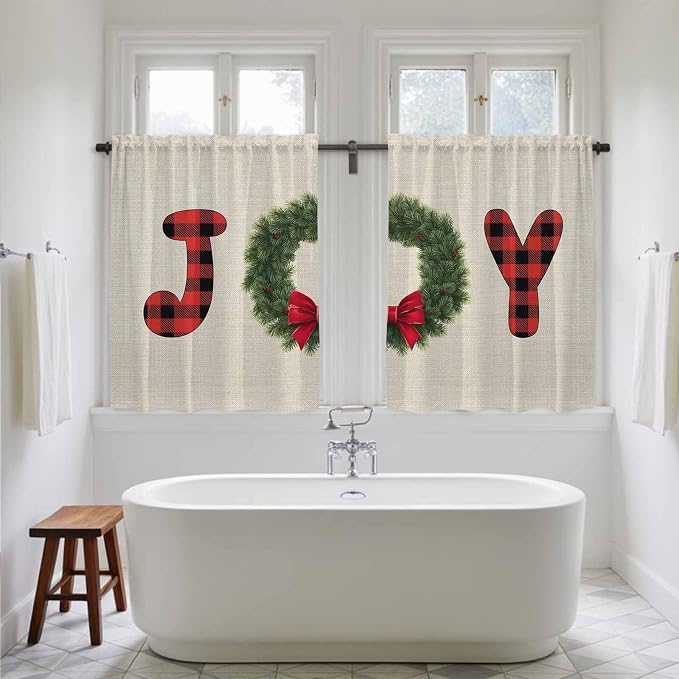 Red Green Christmas Kitchen Curtains 45 Inch Long 2 Panel Set, Rod Pocket