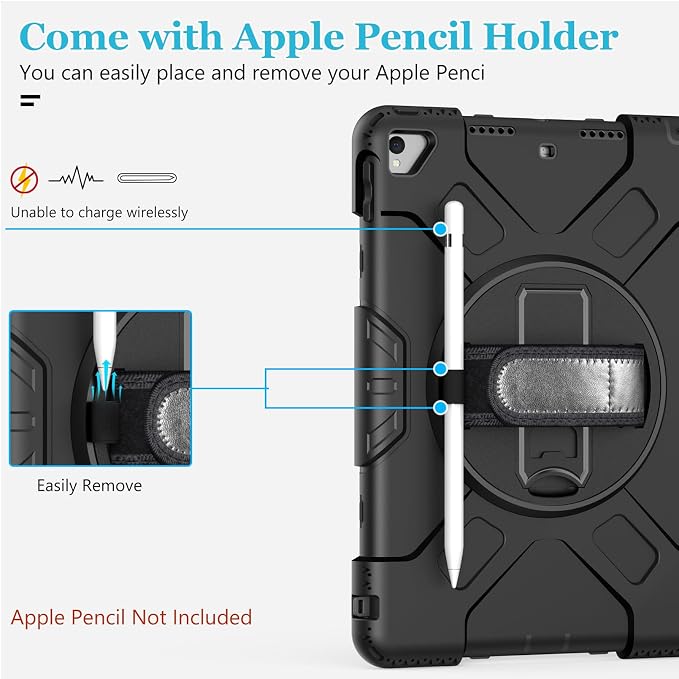 Case for iPad 9th/8th/7th Generation 10.2 Inch Black | Shockproof Protective Silicone Cover with Rotatable Stand-Screen Protector-Handle- Shoulder strap- Pencil holder