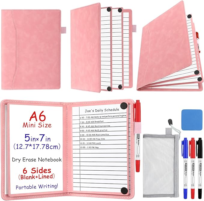 6 Sides Dry Erase Notebook Portable Whiteboards Notebook Small Reusable College Ruled Lined Board Folding Mini Travel Dry Erase White Board for Office Study(Pink,A6: 5 x 7 Inches)