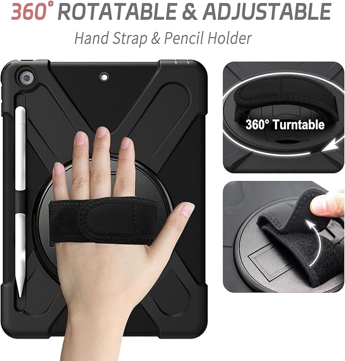 ZenRich Shockproof Case for iPad 9th/8th/7th Generation 10.2 inch 2021/2020/2019, Heavy Duty Rugged Case with Pencil Holder/360° Rotating Kickstand/Handle/Carrying Strap, Black