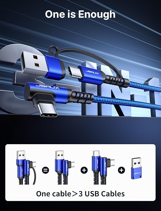 JSAUX 3-in-1 USB-C Cable 2-Pack 10FT 100W Right-Angle Fast Charging Blue | Right-Angle Braided Cables with USB-A Adapter 2 x 10 ft for iPhone 17/16/15 Galaxy S26/S25/S24 iPad MacBook Steam Dec