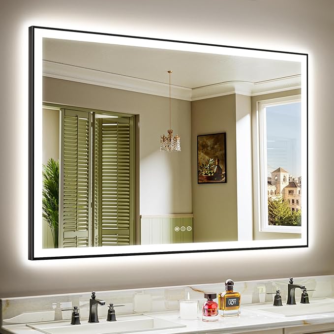 YEELAIT 60x38 Inch LED Bathroom Mirror with Lights (Front Lit and Backlit) Black Framed Lighted Vanity Mirror for Bathroom Wall Dimmable Anti-Fog Memory Tempered Glass Horizontal/Vertical