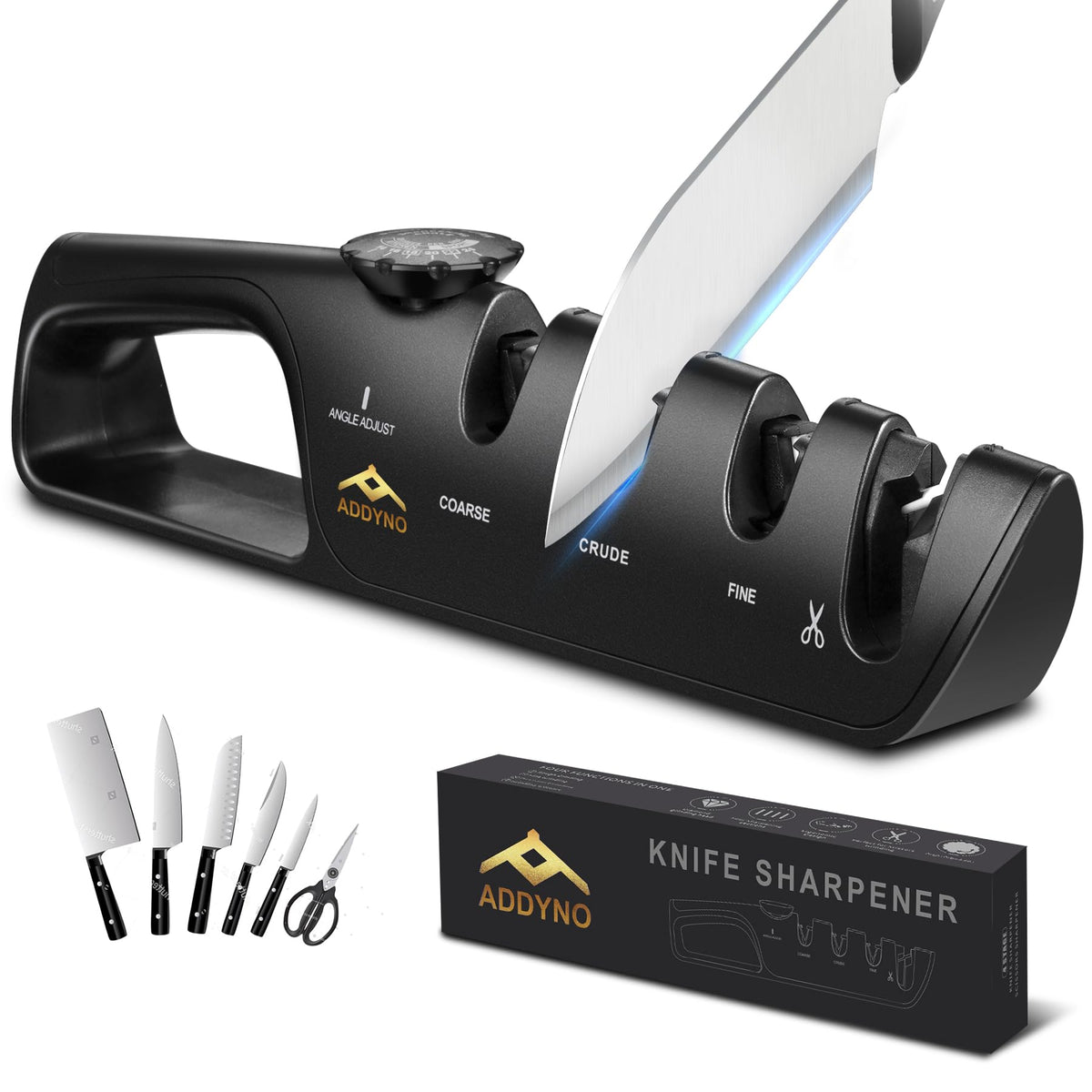 ADDYNO Knife Sharpener, Adjustable Angle 4-in-1 Kitchen Knife Sharpener, 3-Stage Coarse Sharpen Fine with Scissors Slot, Non-Slip Base Ergonomic Handle for Household Knives and Scissors