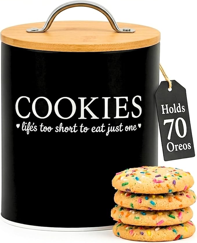 D'Lifeful Cookie Jar with Airtight Bamboo Lid – 0.6 Gallon Cute and Decorative Cookie Storage for Kitchen Countertop – Farmhouse Storage Tin for Freshness – Great Gift Idea