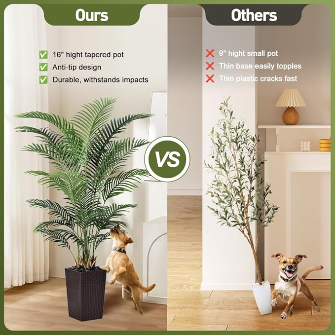 6FT Artificial Palm Tree - Tall Fake Tree with Brown Taper Planter & Pebbles, UV Resistant for Indoor & Outdoor Decor - Large Potted Faux Plant for Living Room, Office, Home Decor,VN130
