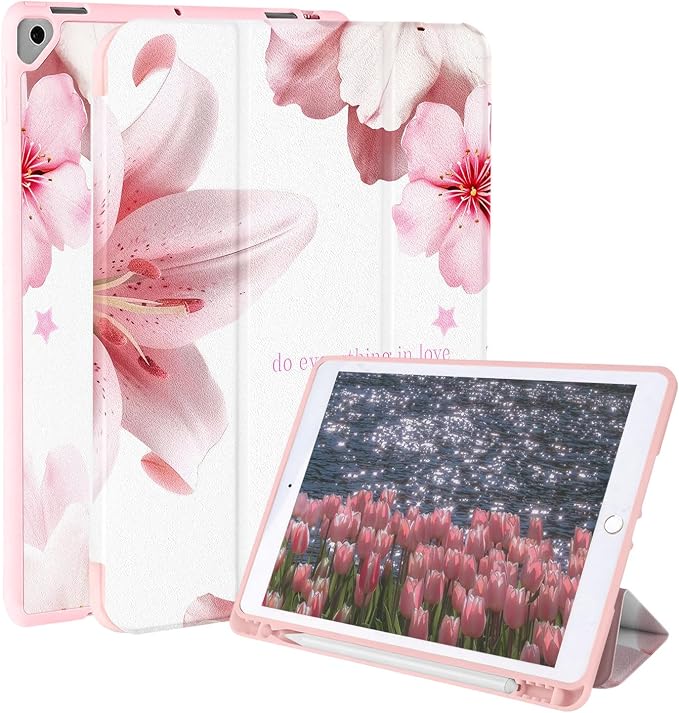Case for iPad 9th/ 8th/ 7th Generation Case 10.2&amp10.5 Inch (2021/2020/2019 Release) Slim Lightweight Soft Trifold Back Cover with Pencil Holder &amp Auto Sleep/Wake Cover Cherries Cheetah Bows