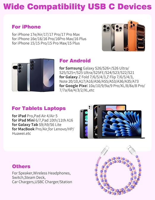 Jelanry 3FT USB-A to USB-C Fast Charging Cable Beaded &ampData Sync Women Girl | Cute kawaii beaded cable for iPhone 17/16/15 Samsung S26/S25/S24 Pixel iPad Fast charge for daily use office &amp tra