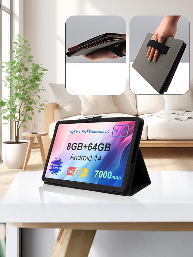 for AWOW UTBook_14 Android 10 inch Tablet CaseFolding Stand Protective Cover with Pencil Holder and Wrist StrapFull Protection Premium PU Scratch Resistant(Black)