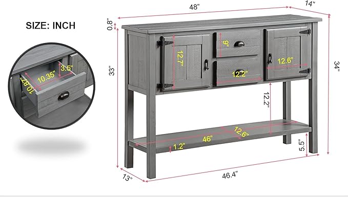 LKTART Solid Wood Farmhouse Console Table Sofa Table with Storage Drawers and Shelves for Storage Entry Hallway Foyer Sofa Side Table(48" Gray)