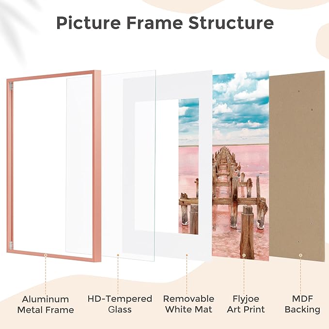 20x24 Metal Picture Frame for Wall With Mat for 16x20, 20''x24'' Aluminum Photo Frames With Tempered Glass for Home Decor, Minimalist Modern Poster Frame Horizontal And Vertical Formats, Rose Gold